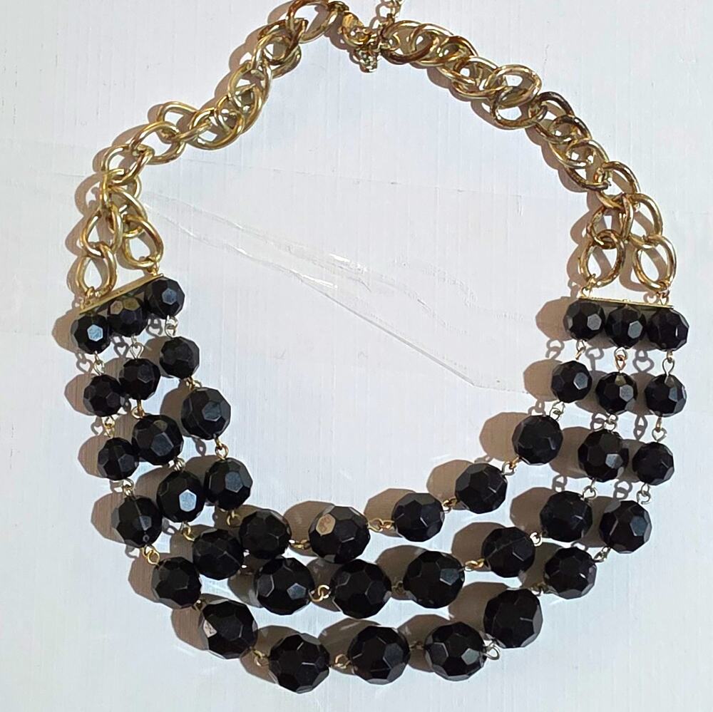 Vintage Goth Tiered Black Faceted Round Beaded Statement Necklace Gold Tone